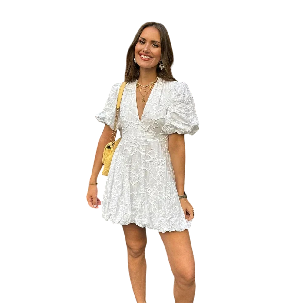 Sheri - Floral Texture A-Line Mini Dress With V-Neck