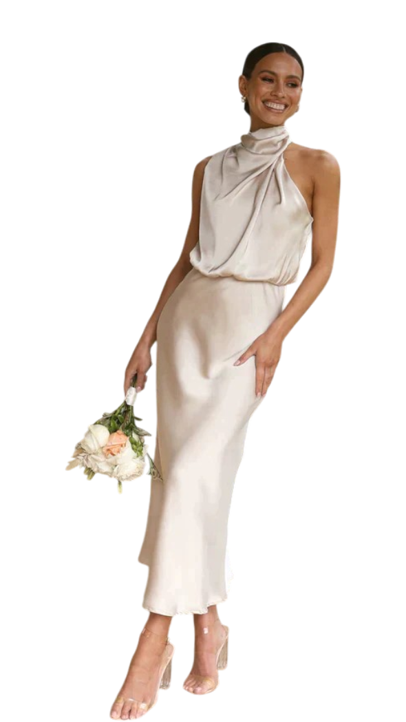 Cadence - Shiny Long Satin Evening Dress With Halter