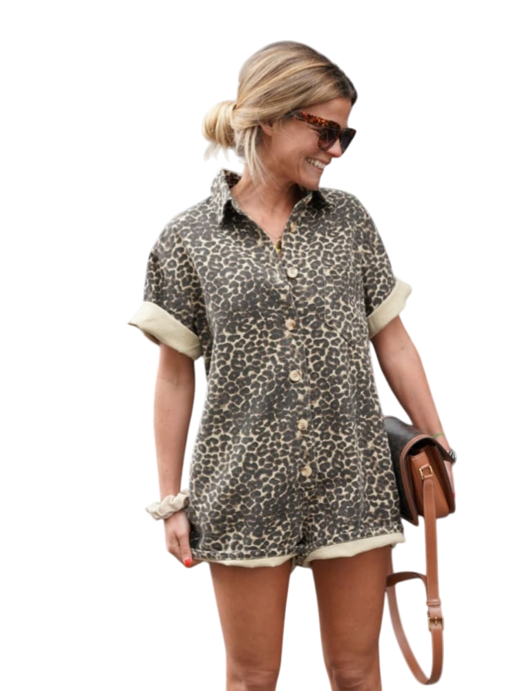 Elisa - Leopard Print Summer Romper With Rolled Sleeves