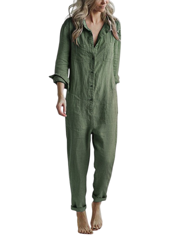 Emilia - Casual Women's Long Sleeve Linen Jumpsuit Olive