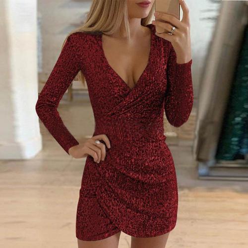 Darya - Dazzling Glittery Wrap Dress for Women with V-neck and Long Sleeves