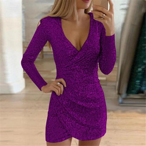 Darya - Dazzling Glittery Wrap Dress for Women with V-neck and Long Sleeves