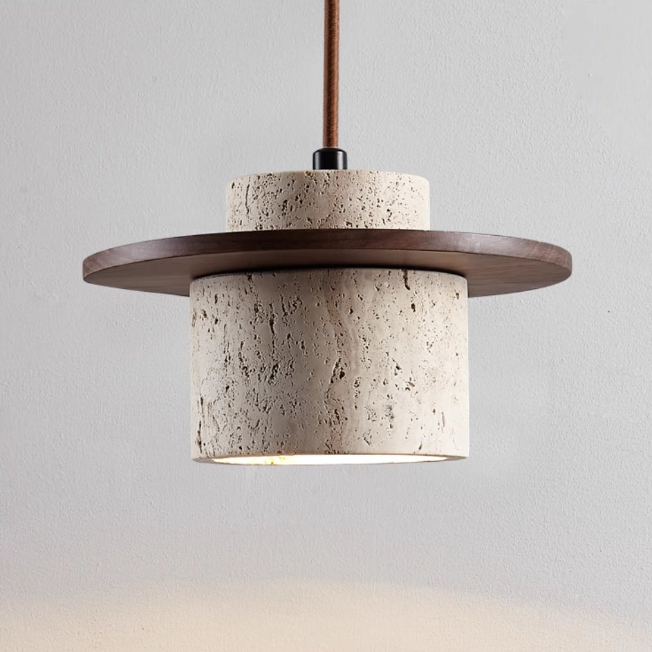 Elvora - Travertine Pendant Lamp Natural Stone With Wood Ring Design