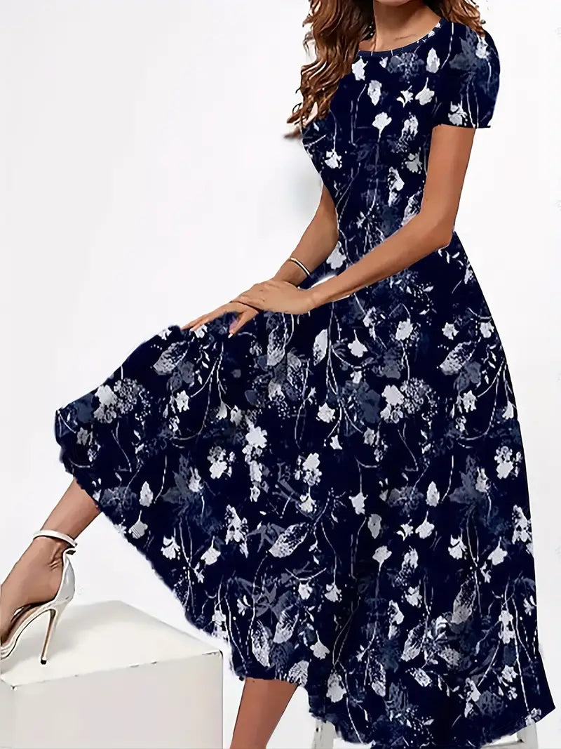 Pollyanna - Charming Floral-Print Round-Neck Dress for Spring and Summer