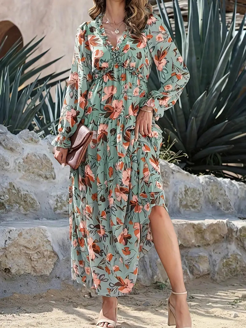 Alison - Elegant Floral Maxi Dress with V-neck and Long Sleeves