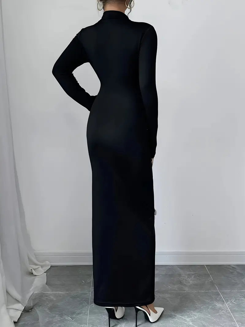 Quinby - Elegant Black Midi Dress with 3D Floral Appliqués