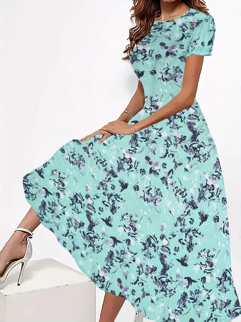 Pollyanna - Charming Floral-Print Round-Neck Dress for Spring and Summer