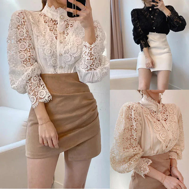 Marcie - Stylish Hollow Floral High Neck Blouse for Modern Women