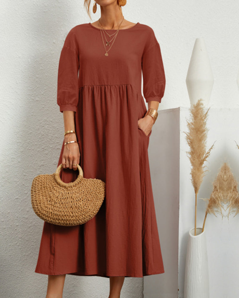 Zafira - Premium Women's Midi Dress with Lantern Sleeves and Round Neck