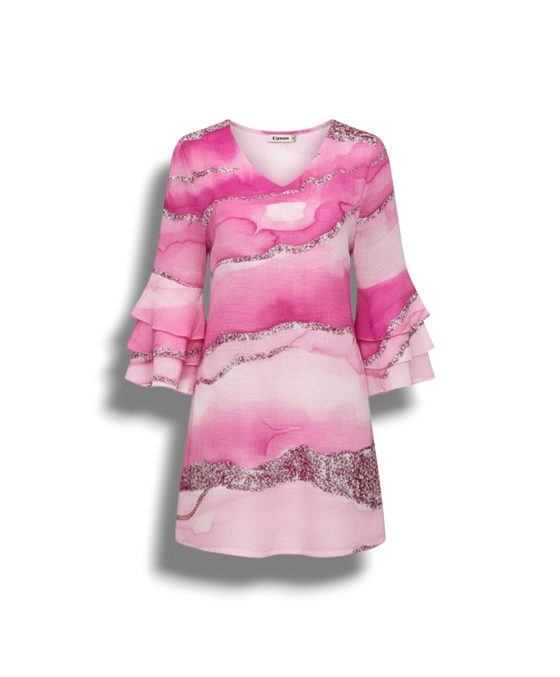 Ilaria - Lightweight Elegant Women's Mini Dress with V-Neck and Flared Sleeves