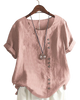 Adriana - Plain Short-Sleeved Blouse with Round Neck and Button Detail
