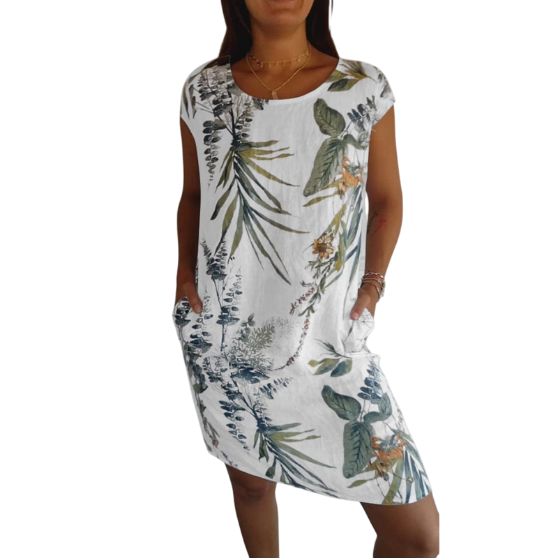 Venetia - Comfortable Round-Neck Dress with Tropical Floral Print