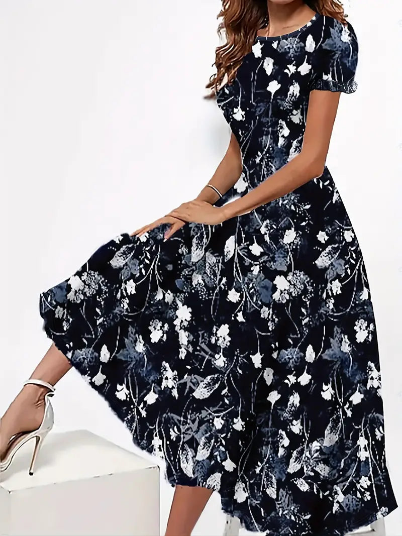 Pollyanna - Charming Floral-Print Round-Neck Dress for Spring and Summer