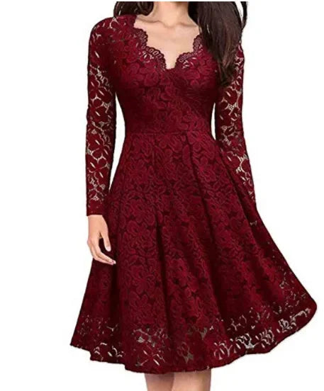 Morgana - Elegant Lace Dress with V-neck and Flared Skirt