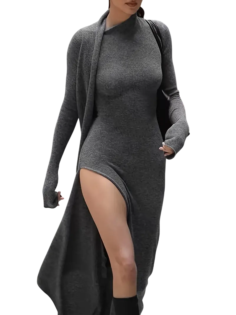 Magnolia - Elegant Gray Knit Dress with High Slit and Long Sleeves