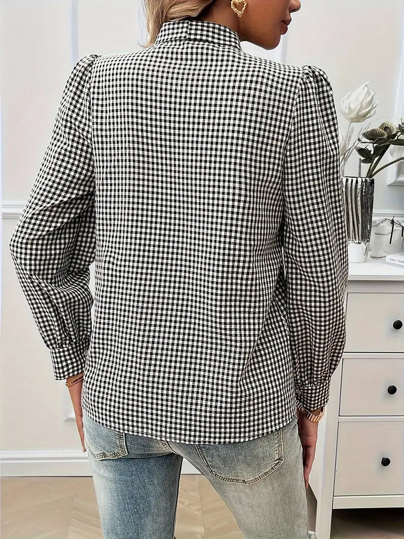 Karen - Charming Cotton Blouse with Bow Tie and Gingham Pattern