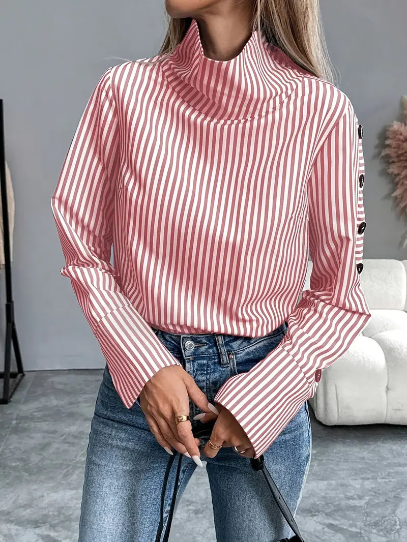 Kathleen - Stylish Striped Blouse with High Collar and Button Cuffs
