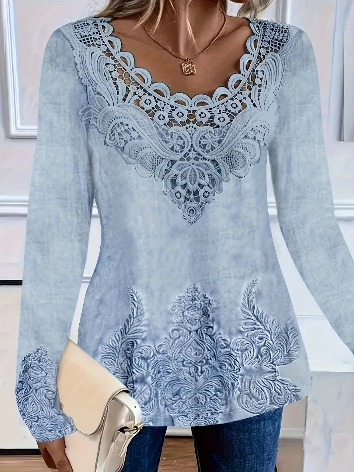 Opaline - Chic Long-Sleeved Cotton Top with Delicate Embroidery