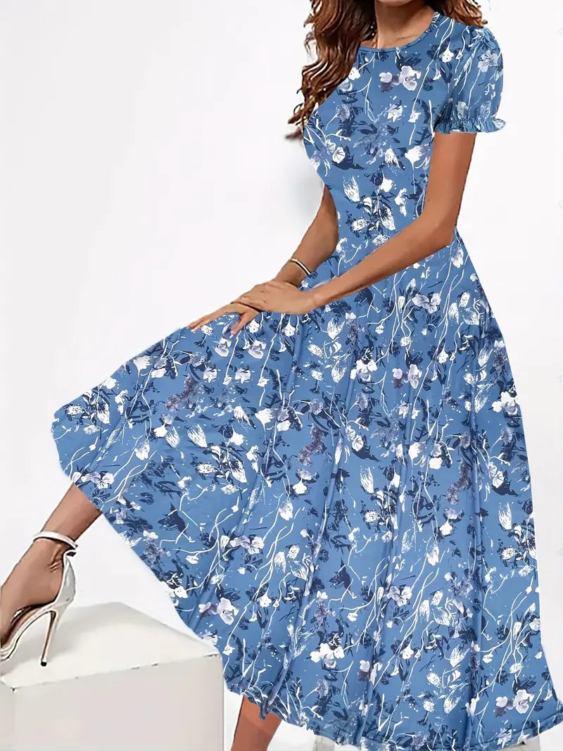 Pollyanna - Charming Floral-Print Round-Neck Dress for Spring and Summer