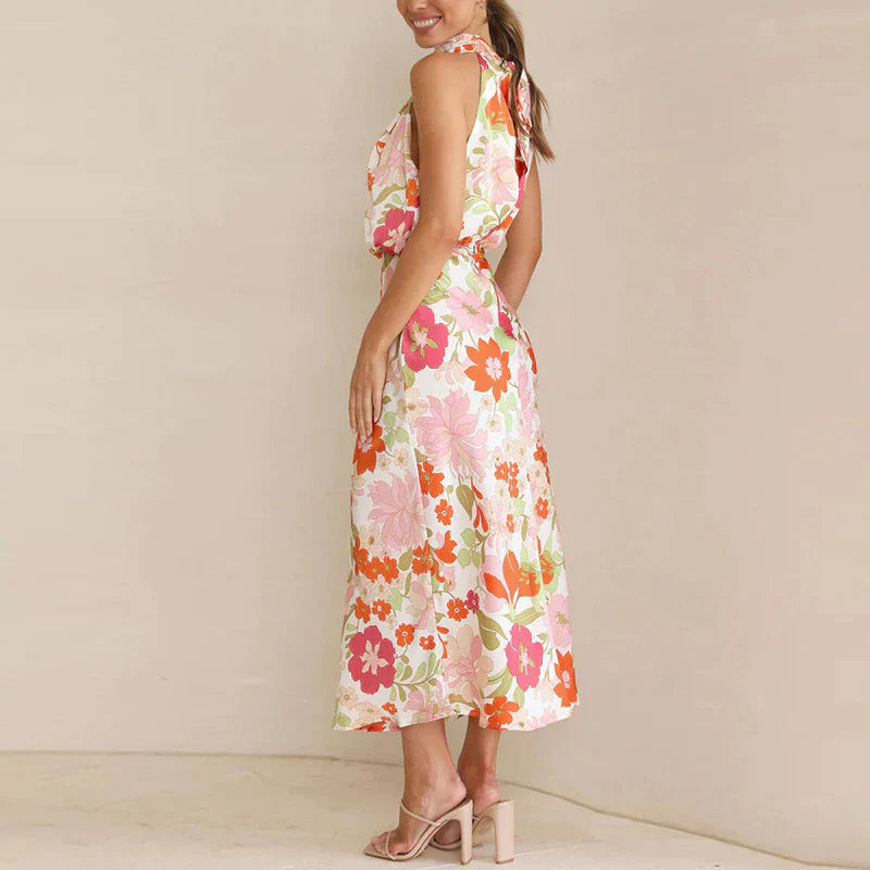 Idalia - Elegant Floral Halter Midi Dress for Formal Occasions
