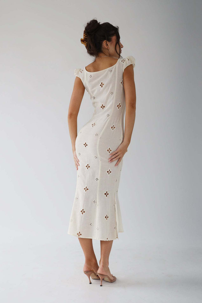 Isabella - Vintage Embroidered Fishtail Midi Dress with Puff Sleeves