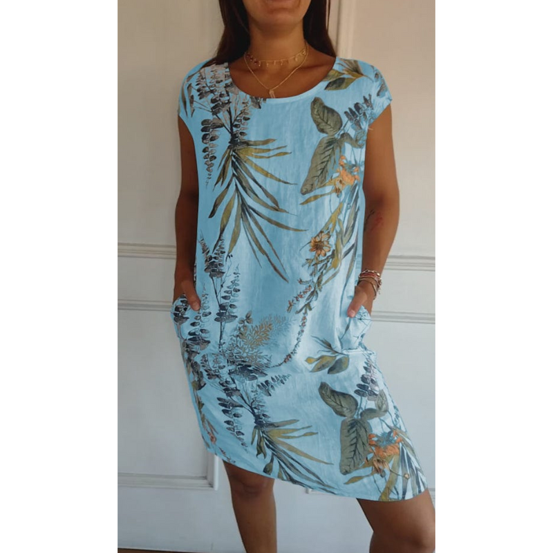 Venetia - Comfortable Round-Neck Dress with Tropical Floral Print