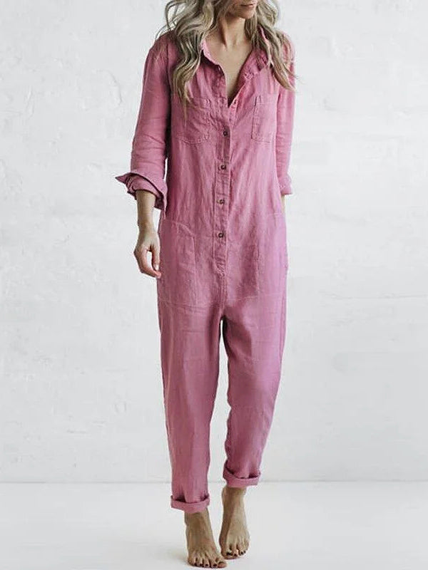 Emilia - Casual Women's Long Sleeve Linen Jumpsuit Olive