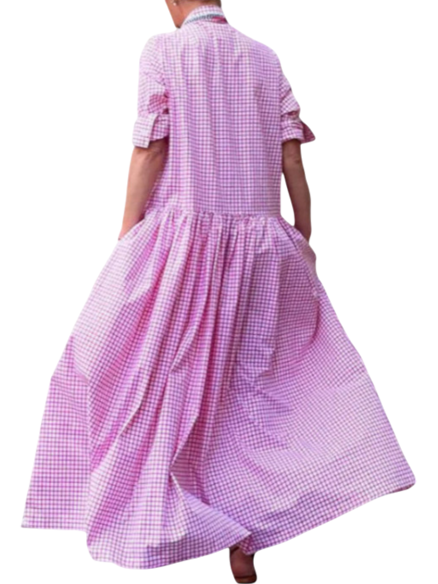 Elenna - Trendy Long-Sleeved Cotton and Linen Plaid Swing Dress