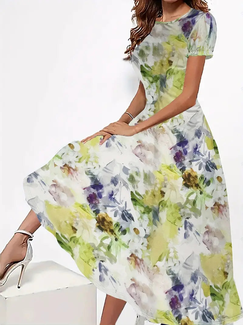 Pollyanna - Charming Floral-Print Round-Neck Dress for Spring and Summer