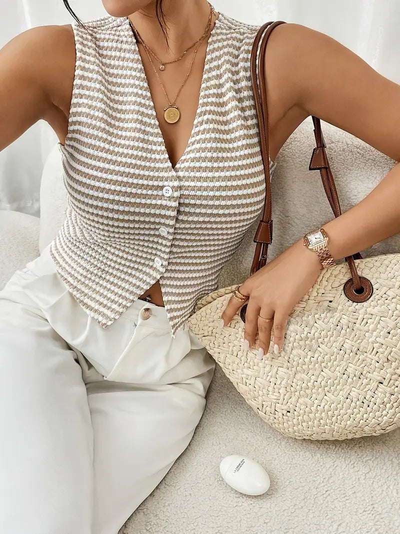Diane - Stylish Striped Knitted Vest with V-neck and Button Placket