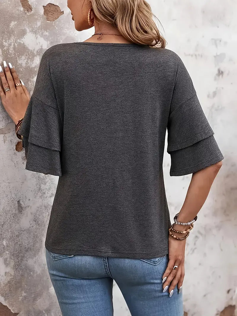 Jade - Stylish Women's Top with Ruffle Sleeves and V-neck Design
