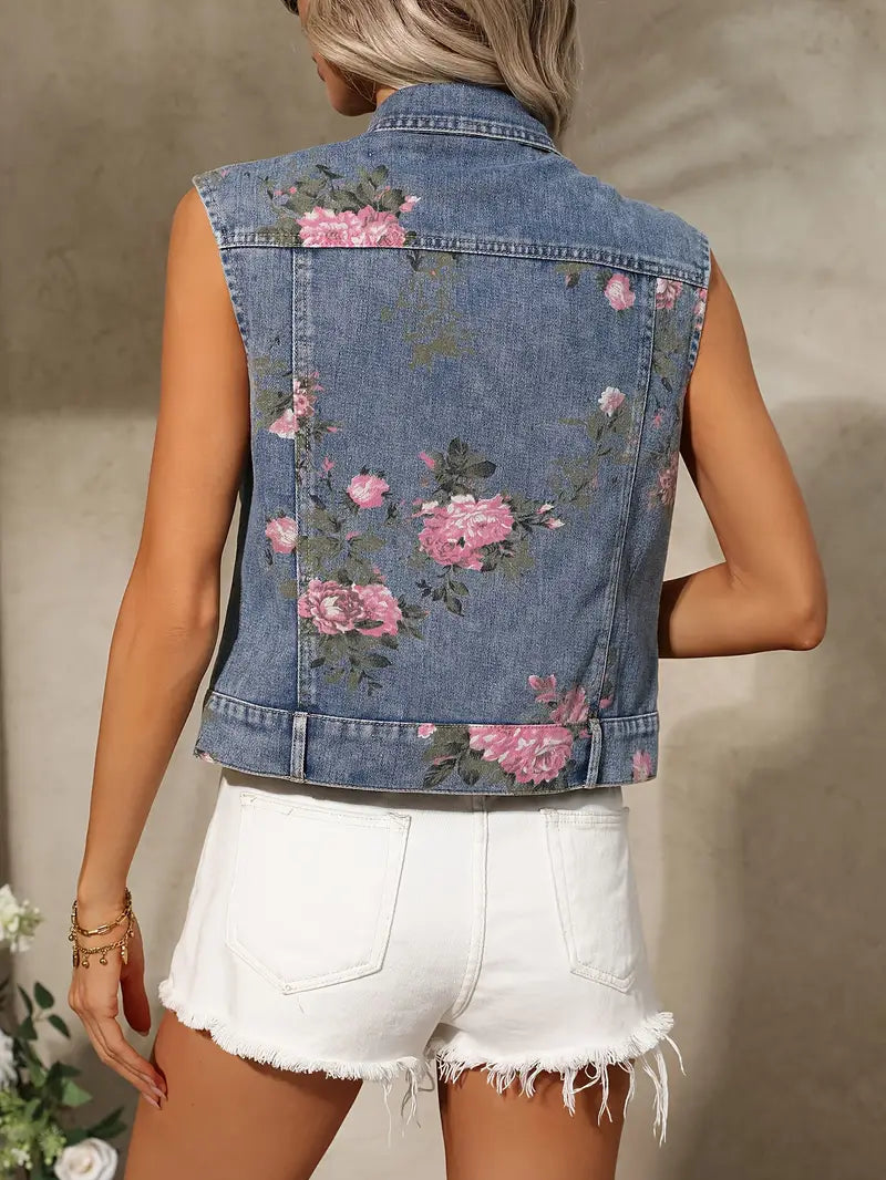 Winona - Charming Sleeveless Denim Vest with Floral Print