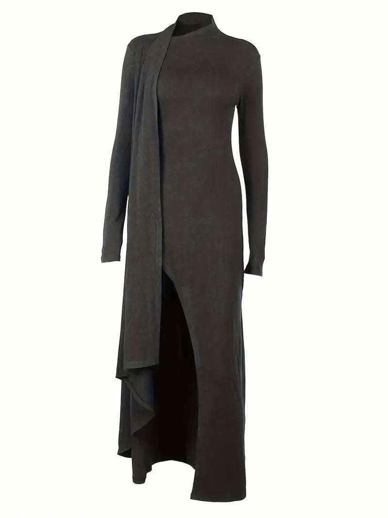 Magnolia - Elegant Gray Knit Dress with High Slit and Long Sleeves