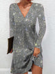 Martha - Stylish Silver Mini Dress with Long Sleeves and V-neck