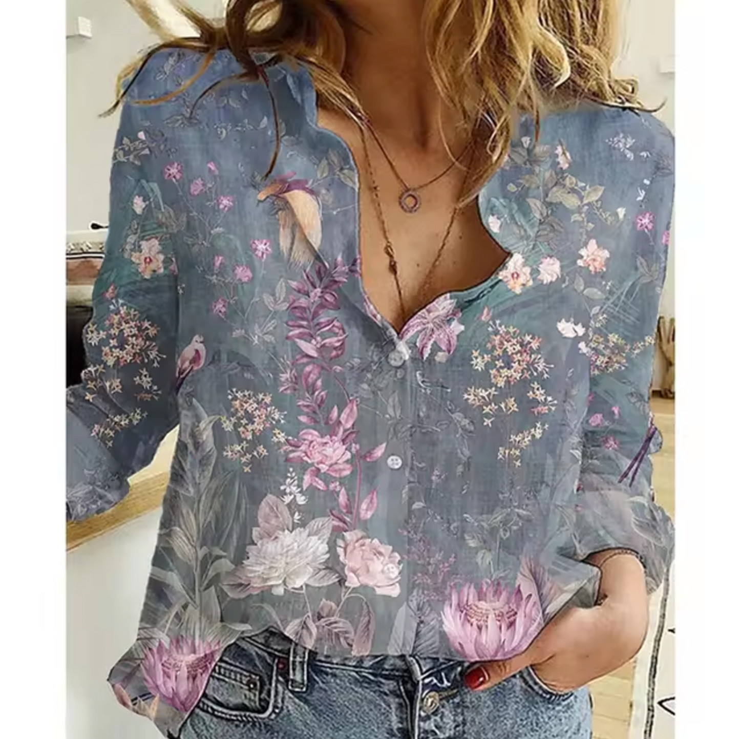 Bonnie - Lightweight Floral Print Blouse with Long Sleeves