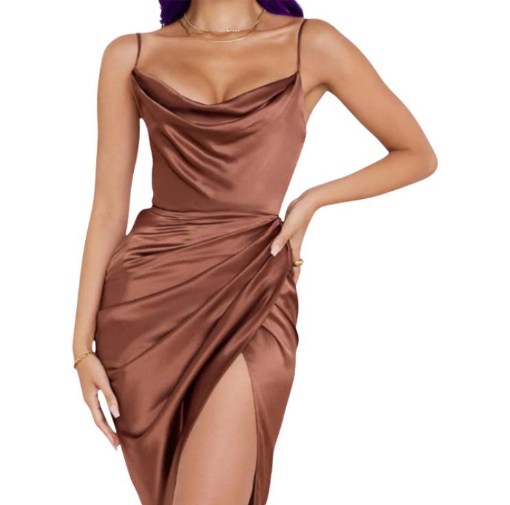 Linley - Stylish Satin Dress with Flounces and Narrow Straps