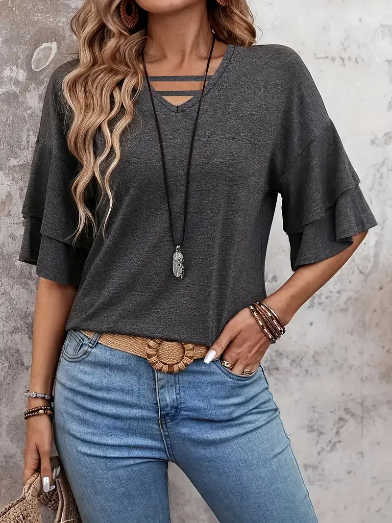 Jade - Stylish Women's Top with Ruffle Sleeves and V-neck Design