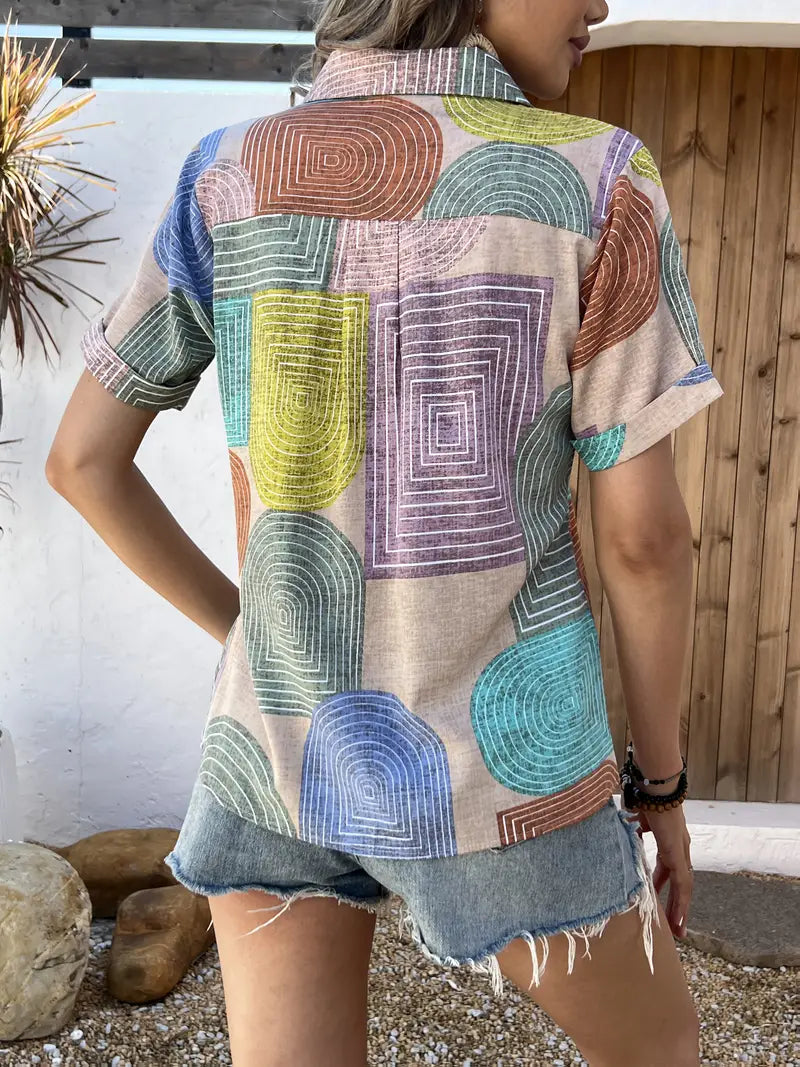 Deborah - Stylish Multicolored Blouse with Geometric Print and Button-Front Closure