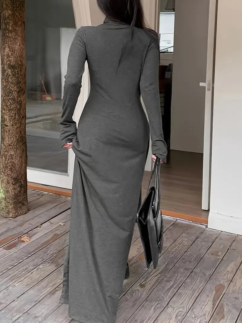 Magnolia - Elegant Gray Knit Dress with High Slit and Long Sleeves