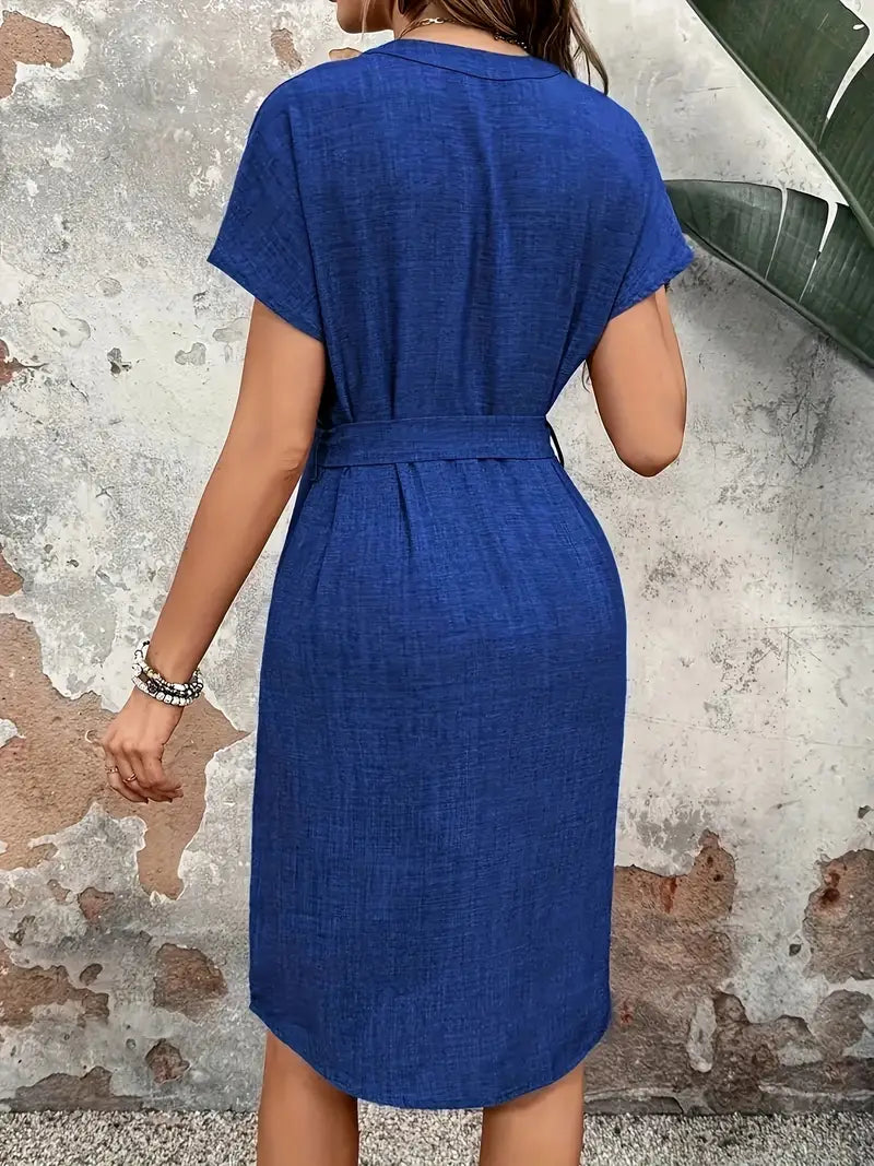 Agatha - Chic Short-Sleeved Cotton Dress with Detachable Waist Belt