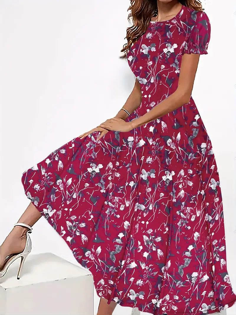 Pollyanna - Charming Floral-Print Round-Neck Dress for Spring and Summer
