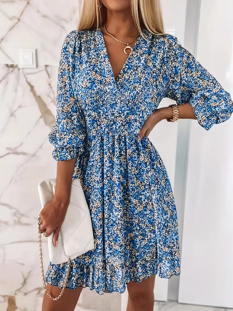 Nikki - Elegant Women's Dress with Floral Print and V-neck