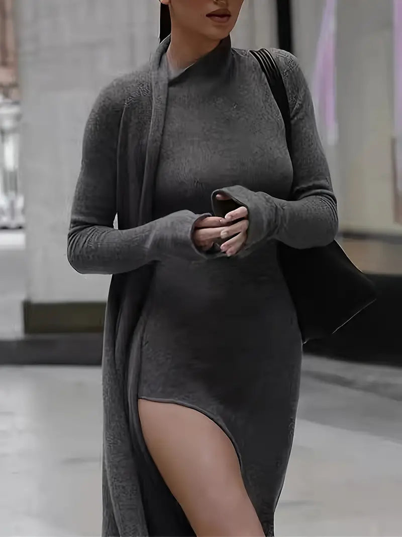 Magnolia - Elegant Gray Knit Dress with High Slit and Long Sleeves