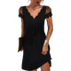 Zendaya - Elegant V-Neck Midi Dress with Wave Pattern and Lace Sleeves
