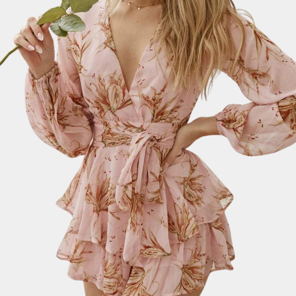 Dellara - Stunning Women's Mini Dress with Deep V-neck and Ruffled Hem