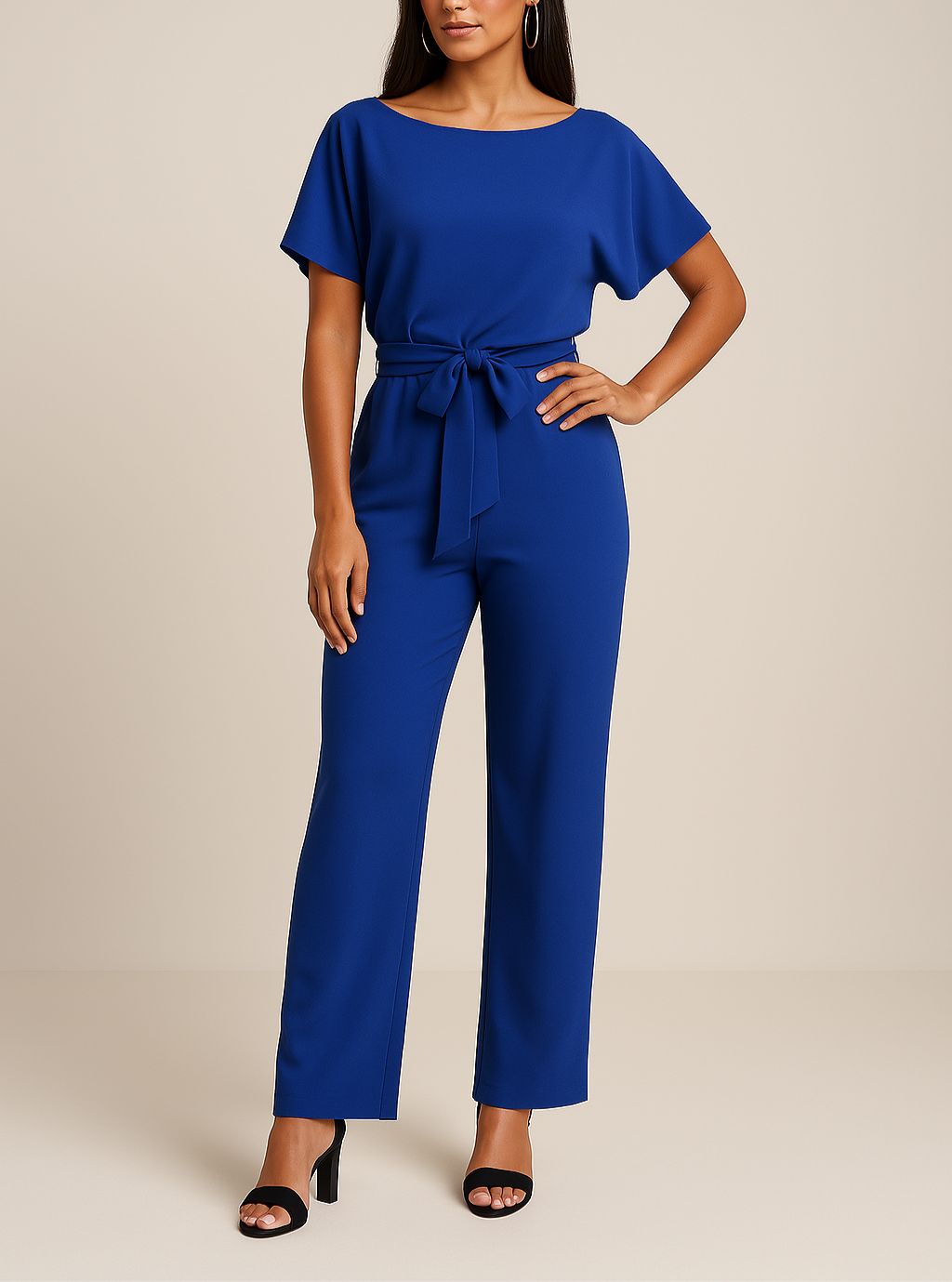 Kaelyn - Elegant Black Jumpsuit With Self Tie Belt Waist