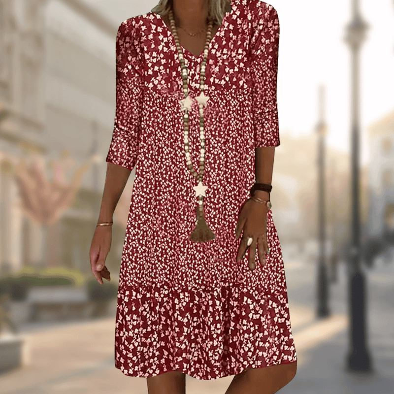 Abigail - Stylish Floral Print Dress with V-neck and 3/4 Sleeves