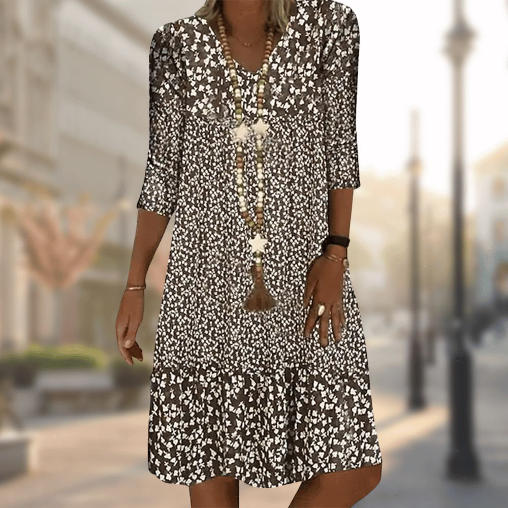 Abigail - Stylish Floral Print Dress with V-neck and 3/4 Sleeves
