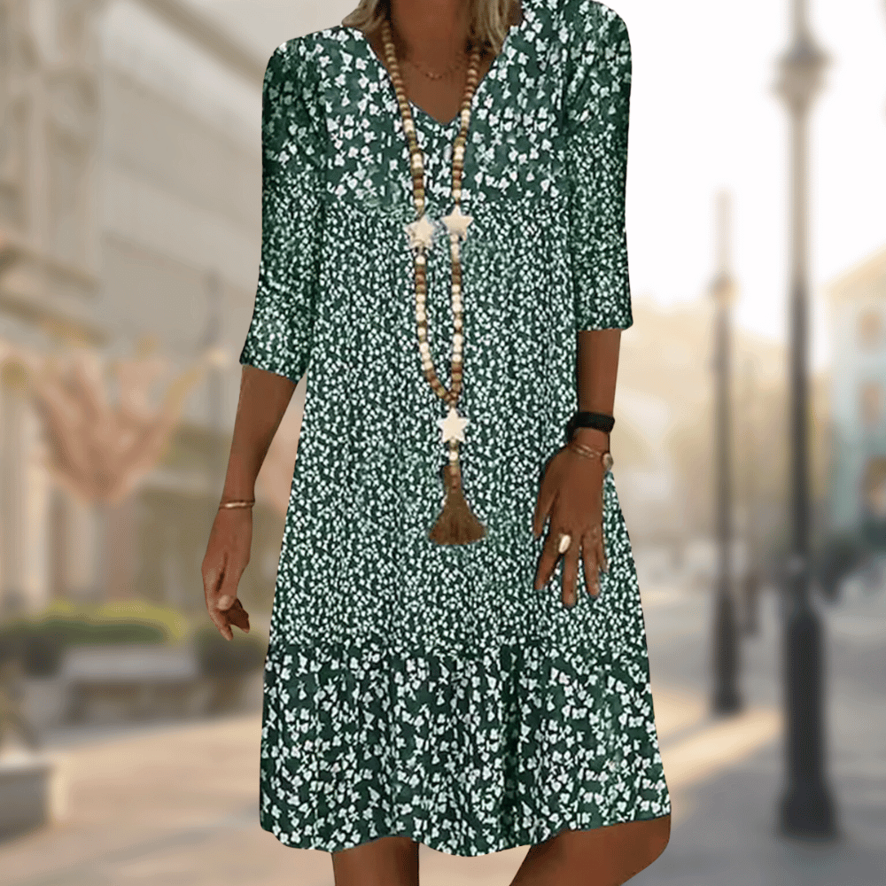 Abigail - Stylish Floral Print Dress with V-neck and 3/4 Sleeves