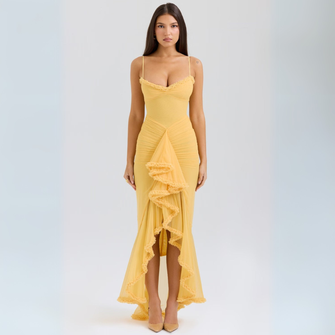 Stacy - Elegant Women's Gathered Midi Dress in Bright Yellow